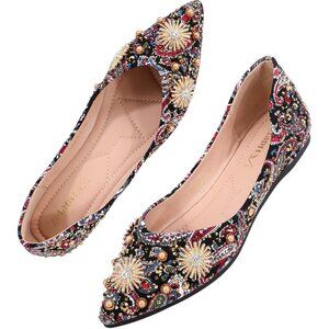 🆕Women's Flats Shoes Red Fabric Rhinestone Pointed Toe Comfort Bowknot Ballet